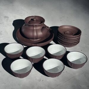 Yixing Zisha Tea Set Lobed Teapot 6 Cups Saucers Purple Clay Gongfu Tea Service